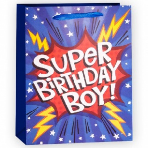 Пакет подарочный, Супер День Рождения (для мальчика), Синий, с блестками